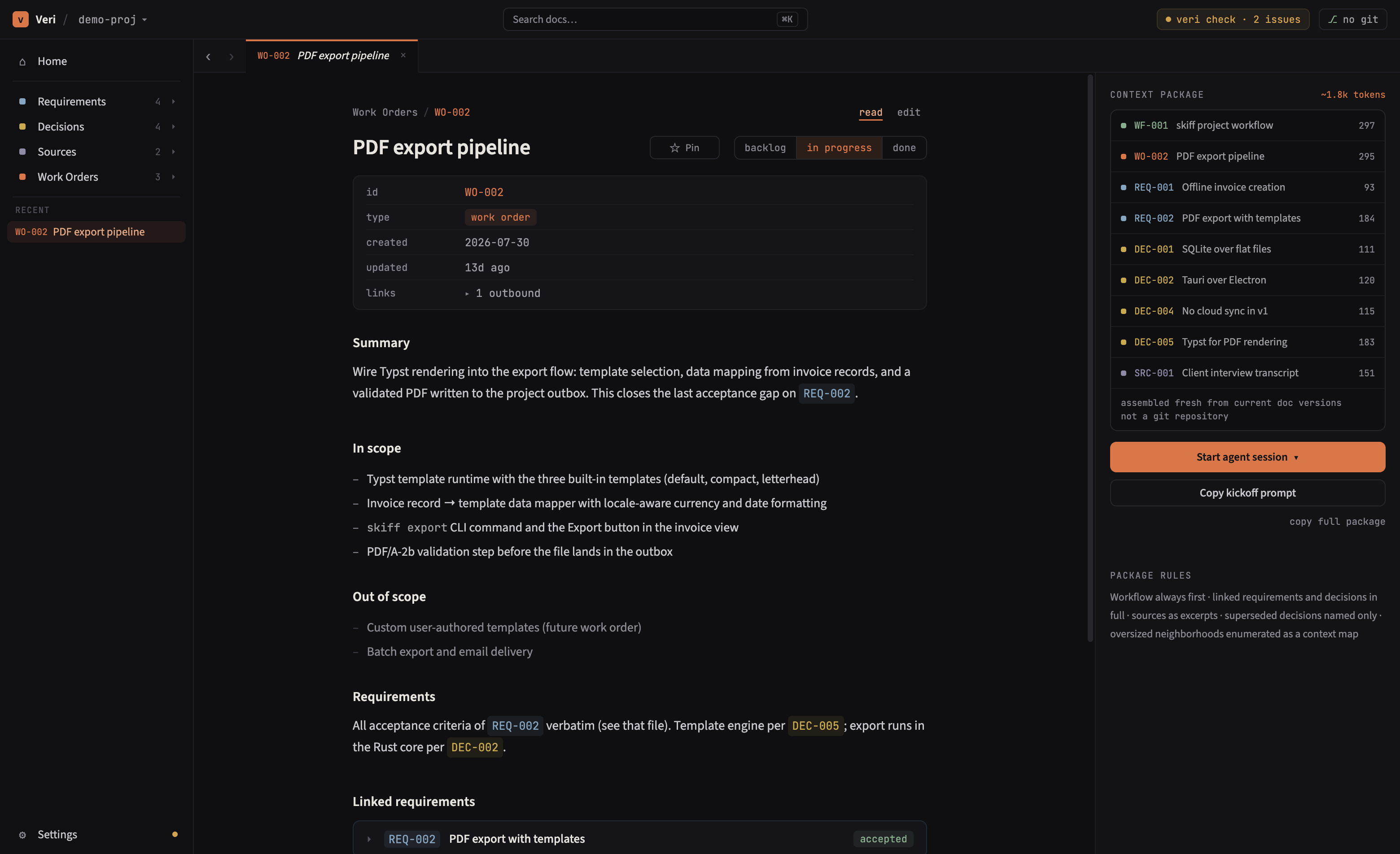 Veri showing a work order titled PDF export pipeline: summary, in-scope and out-of-scope lists in the reader, and a context package panel on the right listing the workflow, requirements, and decisions an agent will receive, with per-document token estimates and a Start agent session button.